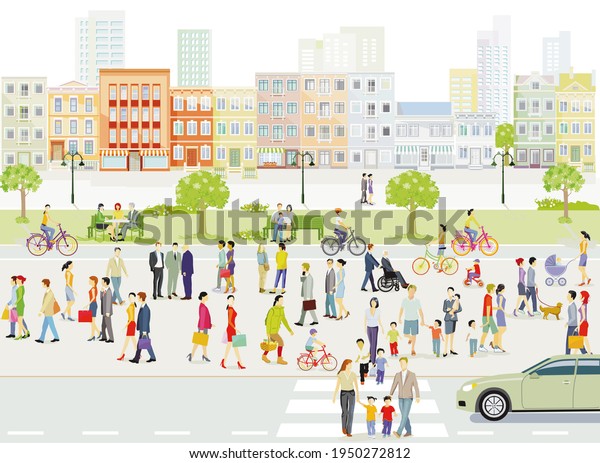 Families and people on the sidewalk with\
road traffic\
illustration