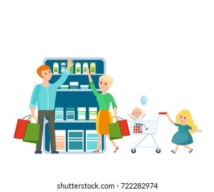 Families shopping in supermarket concept. Young family buys at the grocery store, a joint vacation in a good mood. Illustration isolated on white background. - Powered by Shutterstock