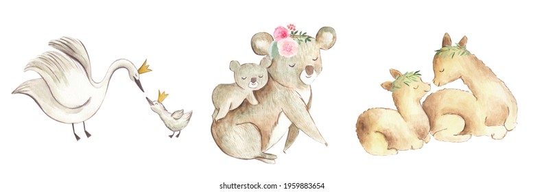 Family Animals watercolor illustration mother and baby with flowers for Mother's Day, baby shower or nursery with bear, fox, koala  - Powered by Shutterstock