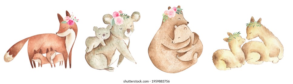 Family Animals watercolor illustration mother and baby with flowers for Mother's Day, baby shower or nursery with bear, fox, koala  - Powered by Shutterstock