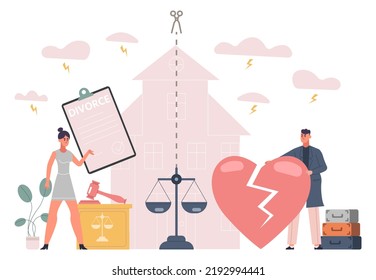 Family Breakup, Property Division, Divorce Code Concept. Husband And Wife Conflict, Family Fighting  Illustration. House Division And Broken Heart. Conflict Divorce Married