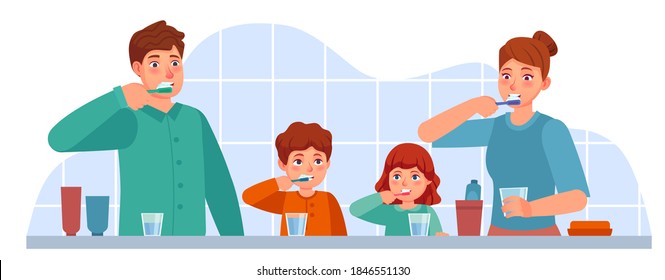 Family brush teeth. Parents and children brushing teeth together in bathroom. Parental parenting oral hygiene, dental care  concept. Mother, father and kids with toothbrush and paste - Powered by Shutterstock