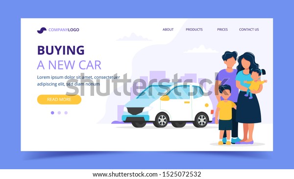 Family buying a car. Landing page template.\
illustration in flat\
style