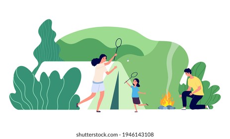 Family Camping. Forest Recreation, Mountain Outdoor Camp. Summertime Vacation. Mother Father Daughter Healthy Weekend. Summer Adventures Illustration