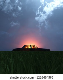 A Family With A Car Broken Down On A Secluded Field At Night With A Light Glowing From The Sky,scene For Scary Or Horror Concept And Ideas,3d Rendering  