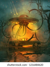 A Family With A Car Broken Down On A Secluded Forest At Night With An Attack Of An Ufo From The Sky,scene For Scary Or Horror Concept And Ideas,3d Rendering  