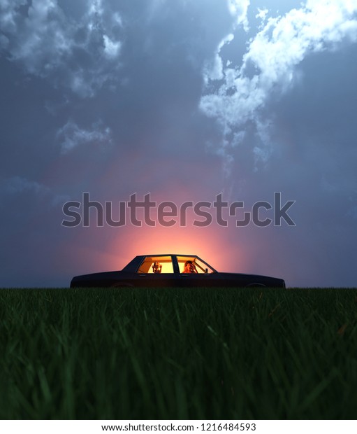 A family with a car broken down on a\
secluded field at night with a light glowing from the sky,scene for\
scary or horror concept and ideas,3d rendering \
