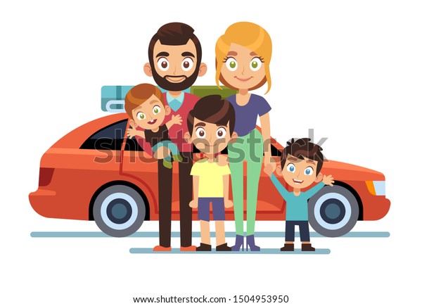 Family car. Happy young parents\
father mother kids pet auto lifestyle people automobile travel\
vacation road trip flat design smiling persons with\
children