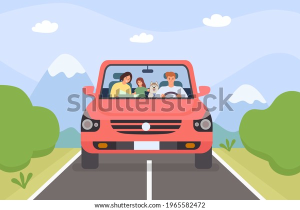 Family
in car. Parents, kid and pet on weekend holiday road trip. Minivan
with people. Cartoon adventure travel in mountain,  concept.
Illustration outdoors vacation trip, drive
family