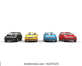 Family Cars In A Row - Front View - 3D Render