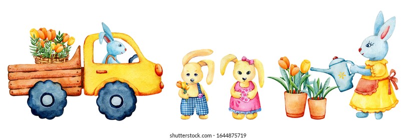 A Family Of Cartoon Hares Is Preparing For Easter, Spring. Tulips Are Watered, Gifts Are Brought In A Basket By Car. Hand Drawn Watercolor Illustration Isolated On White Background. Horizontal Banner.