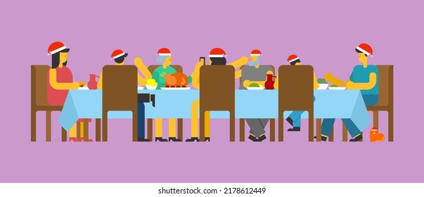 Family Christmas Dinner. Big Table. Red Caps Santa. Holiday Lunch New Year. Father And Mother. Grandmother And Grandfather. Relatives Feast
