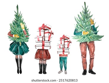 Family Christmas Watercolor Illustrations isolated white background - Powered by Shutterstock