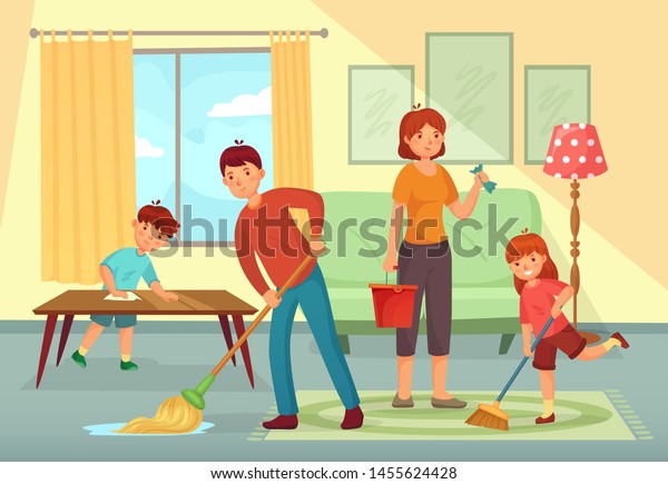 Family cleaning house. Father, mother and kids cleaning living room