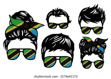 Family clip art set in colors of national flag on white background. Tanzania
