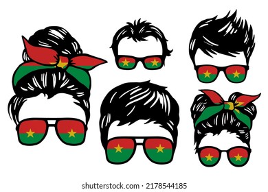 Family Clip Art Set In Colors Of National Flag On White Background. Burkina Faso