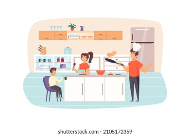 Family cooking breakfast in kitchen together scene. Mother prepares dough, father bakes pancakes, son drinks tea. Parents and children concept. Illustration of people characters in flat design - Powered by Shutterstock