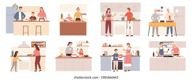 Family cooking at home. Parents, grandparents and kids preparing food for dinner, bake cookies and cake. Mom and child at kitchen  set. Illustration family home cooking together - Powered by Shutterstock