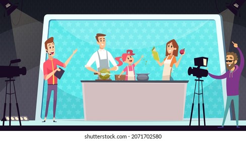 Family Cooking Show. TV Entertainment, Parents And Child On Kitchen. Shooting Program With Director Illustration