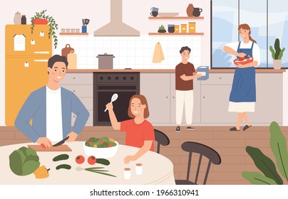 Family cooking together. Happy parents and children baking in kitchen. Son helps mother cook. Family with kids preparing food  concept. Father cutting salad, daughter at table - Powered by Shutterstock