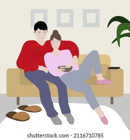 Family Couple On Yellow Couch Cartoon Illustration