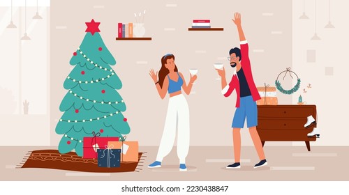 Family or couple people celebrate Christmas or New Year, home party  illustration. Cartoon man woman characters celebrating, drinking wine near Christmas tree. Winter holiday celebration concept - Powered by Shutterstock