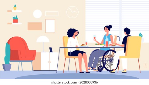 Family dinner with grandmother. Young adults and elderly woman eating together. Boy girl visiting grandparent. People have lunch in living room interior illustration - Powered by Shutterstock