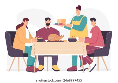 Family dinner at home illustration. Cartoon parents and children eating holiday meals together, happy mother and father, daughter and son sit at kitchen table to eat Thanksgiving turkey - Powered by Shutterstock