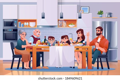 Family dinner at kitchen table, eating food, cartoon flat illustration. Happy family together at lunch table in kitchen room, sitting drinking and eating with child daughter, father and mother - Powered by Shutterstock