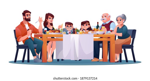 Family dinner, parents, grandparents and children at table enjoying food and drinks isolated. big table with cooked meat, vegetables and wine. Son and daughter, man and woman, Christmas eve - Powered by Shutterstock