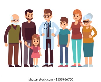 Family doctor. Big happy health family with therapist, patients parents kids healthcare professional service, healthy smiling people in hospital flat design - Powered by Shutterstock