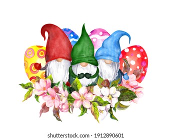 Family Of Easter Gnomes With Holiday Eggs And Cherry Spring Flowers. Watercolor With Apple Blossom. Template For Flyer, Card, Poster