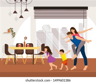 Family Enjoying New Home Cartoon Concept With Happy Smiling Children Running And Fooling Around, Man Piggyback Riding His Young Wife In Spacious Living Room In Modern Apartment Illustration