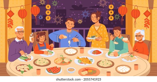 Family Festive Reunion Dinner At Table At Home In Evening, Fireworks Outside Window, Chinese New Year, Holiday Celebration. Food On Plates And People Hands Holding Chopsticks