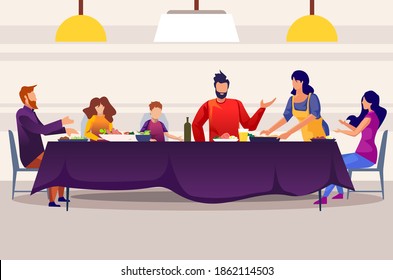 Family and friends enjoying a meal at a long table. Socially distant Thanksgiving dinner during the pandemic. - Powered by Shutterstock