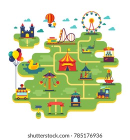 Family fun amusement park map. Entertainment in vacation background. Illustration of festival fair entertainment and amusement park