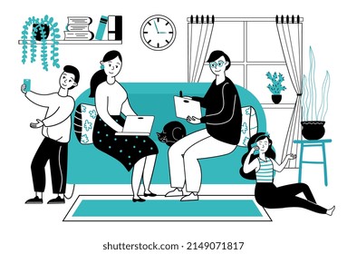 Family With Gadgets. People At Home With Smartphones And Tablets. Mother Father Kids Using Social Media Or Internet Surfing Decent Scene