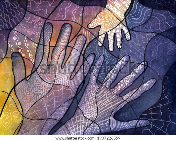 Family\
handprint watercolor. Mom, Dad and Me - abstract illustration.\
Handprint of a man, a woman and a child.\
