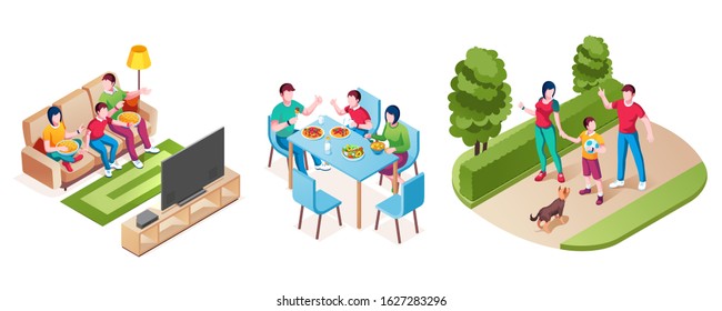 Family happy time together, isometric design. Mother and father with son watching TV on sofa with pizza o popcorn, eating lunch or dinner and walking in park with dog, family life and activity - Powered by Shutterstock