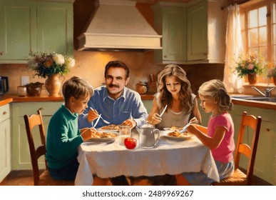 The family is having breakfast in the kitchen. A wonderful illustration of a father, mother, son and daughter at breakfast and lunch. Oil paintings landscape, fine art, family having dinner together - Powered by Shutterstock