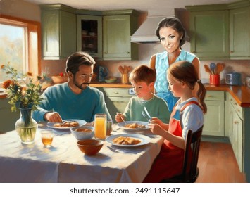 The family is having breakfast in the kitchen. A wonderful illustration of a father, mother, son and daughter at breakfast and lunch. Oil paintings landscape, fine art, family having dinner together - Powered by Shutterstock