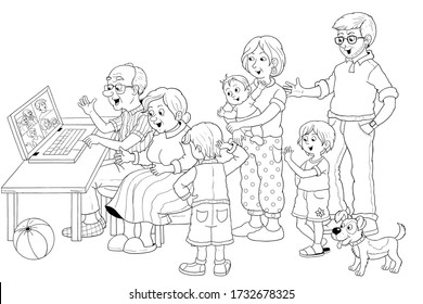 Family at home. Cute happy family communicating with their relatives by laptop. Social distancing. Coloring page.  Educational book. Cute and funny cartoon characters isolated on white background