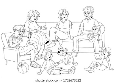 Family at home. Happy parents, grandparents and children sitting at home. Coloring page.  Educational book. Cute and funny cartoon characters isolated on white background