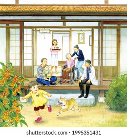 A family and home medical staff sitting on a porch