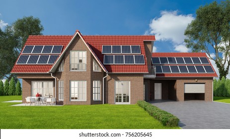 Family Home With Solar System Or Photovoltaic Solar Cell On Roof (3D Rendering)