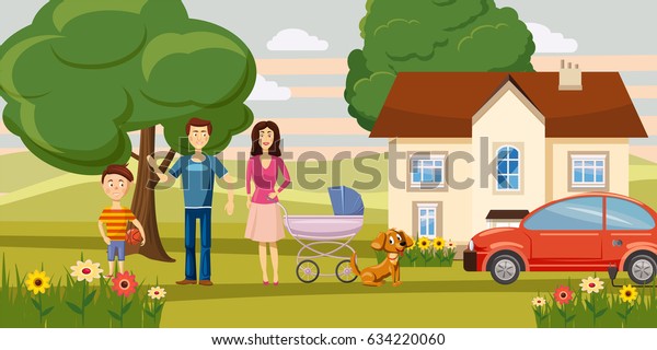 Family horizontal\
banner concept garden. Cartoon illustration of family garden \
horizontal banner for\
web