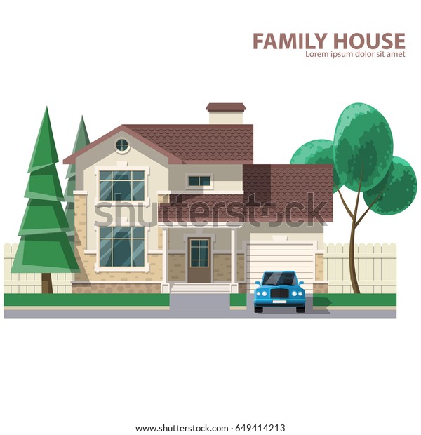 Family house, car and trees. Hearth and home.\
Flat design. For your\
project