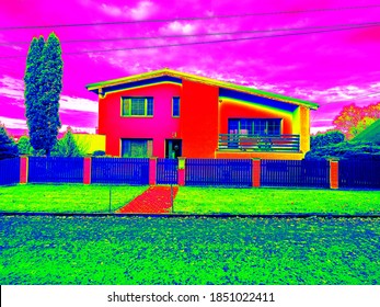 Family House Entrance In Infrared Thermovision Display. Building Warmth Scale, Heat Dispersion. Infra Or Thermography Photo