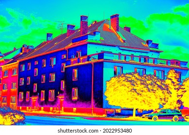 Family house in infrared thermovision scan. Building warmth scale, heat dispersion. Infra or thermography photo 