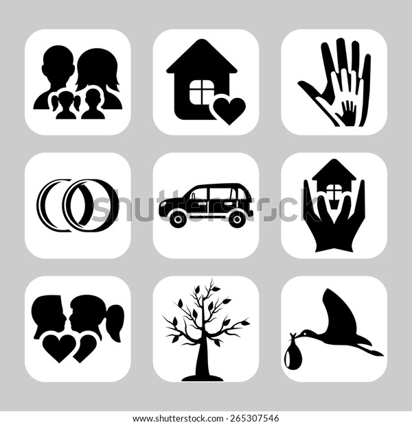 Family icons:  set of home, love, baby, engagement,\
wedding signs